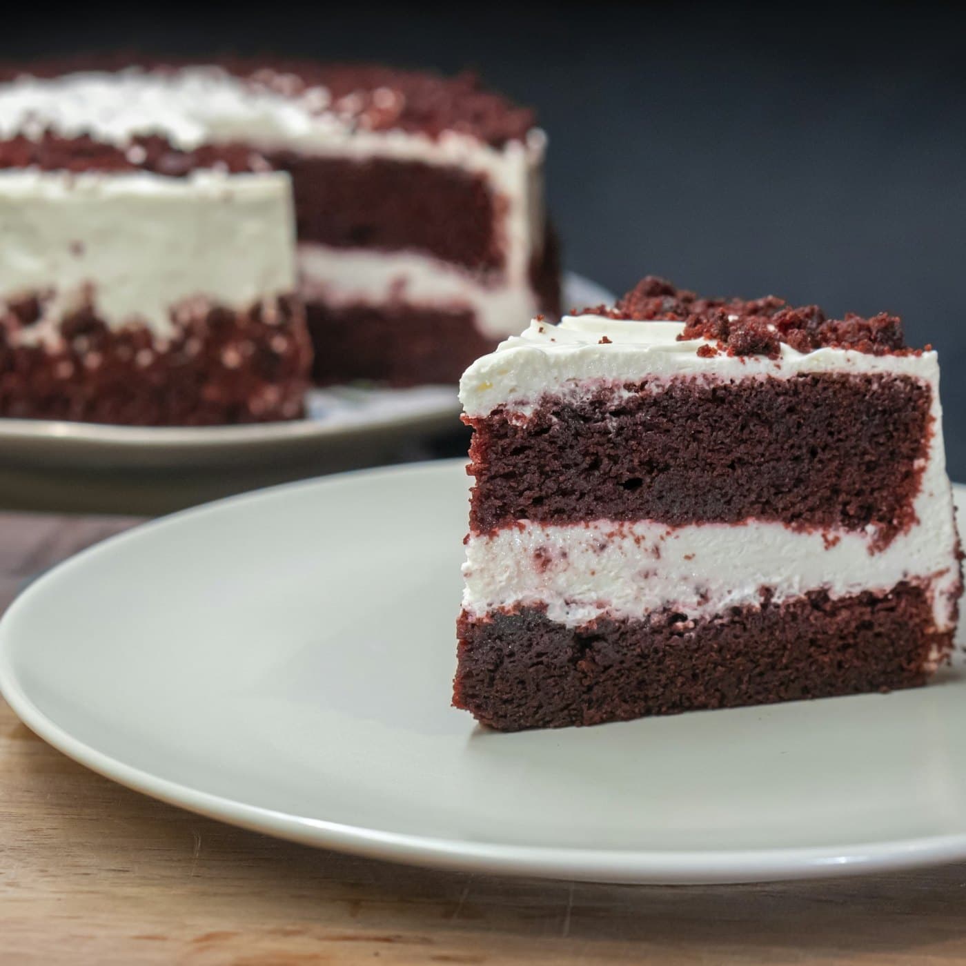A red velvet layer cake with cream cheese frosting